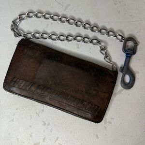 Vintage Harley Davidson Embossed Brown Bifold Leather Long Wallet With Chain